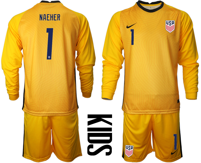 Cheap Youth 2020-2021 Season National team United States goalkeeper Long sleeve yellow 1 Soccer Jersey